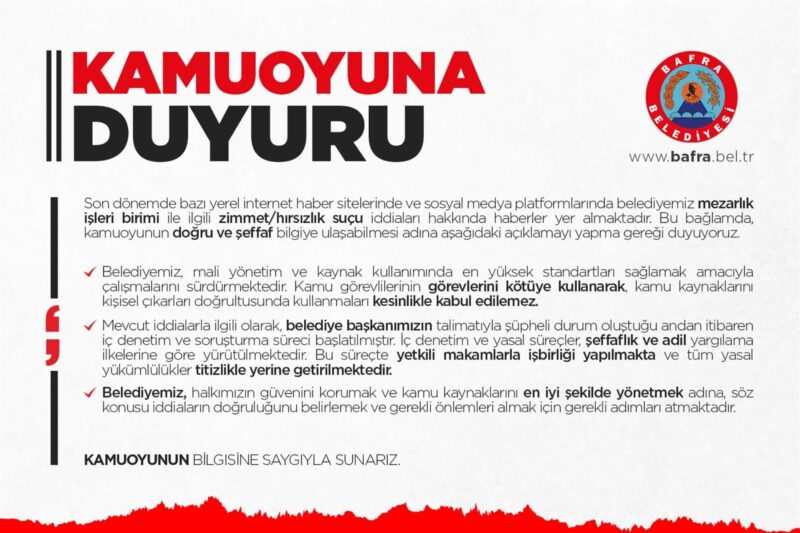 BAFRA BELEDİYESİNDEN KAMUOYUNA DUYURU